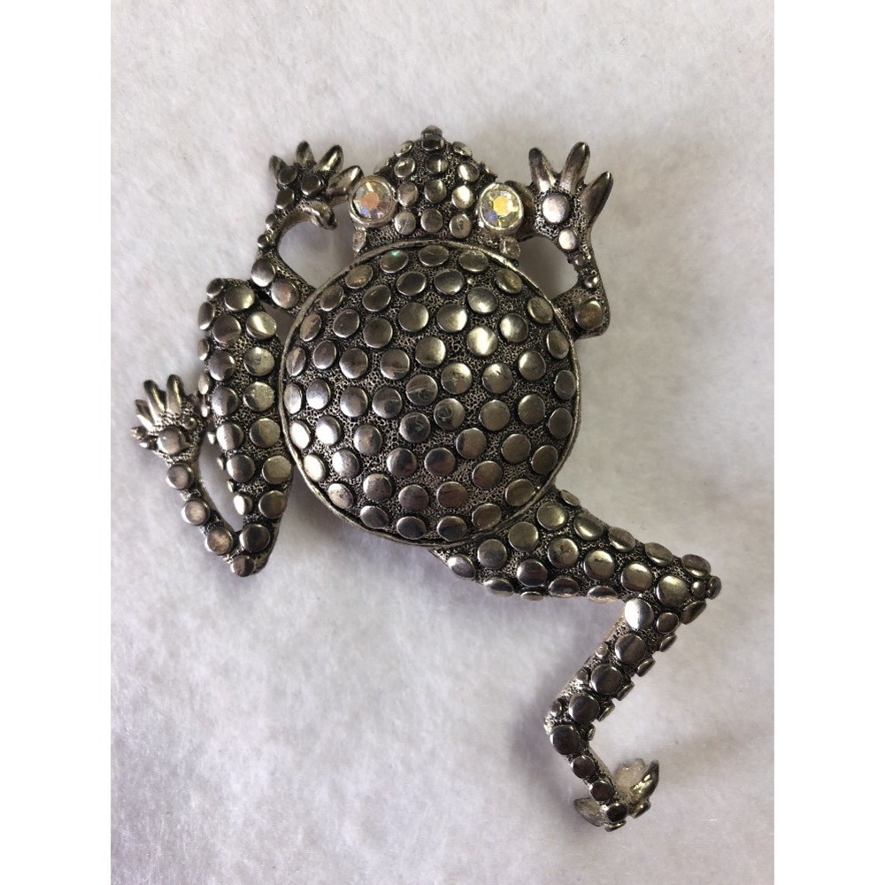 vintage  Frog Brooch Silver Tone Rhinestones